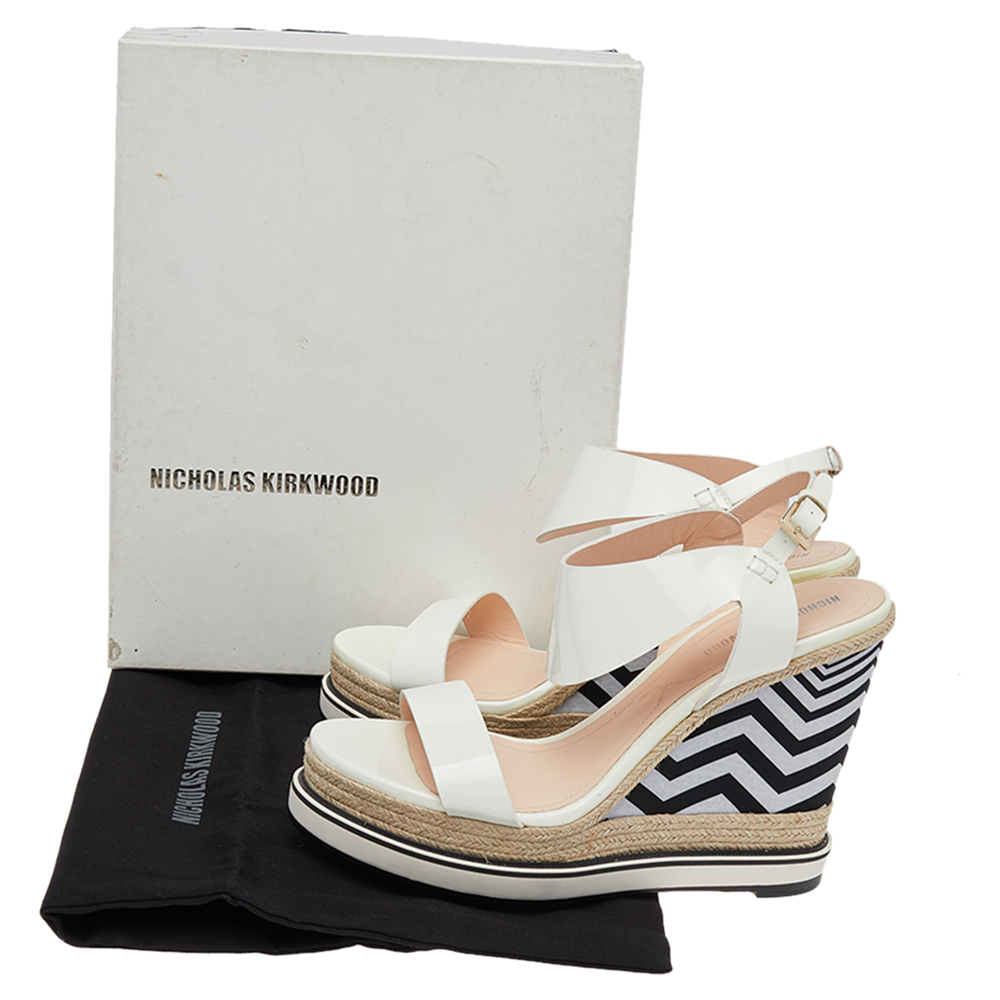 Nicholas Kirkwood White Patent Leather Wedge Espadrille Ankle Strap Sandals Size 39