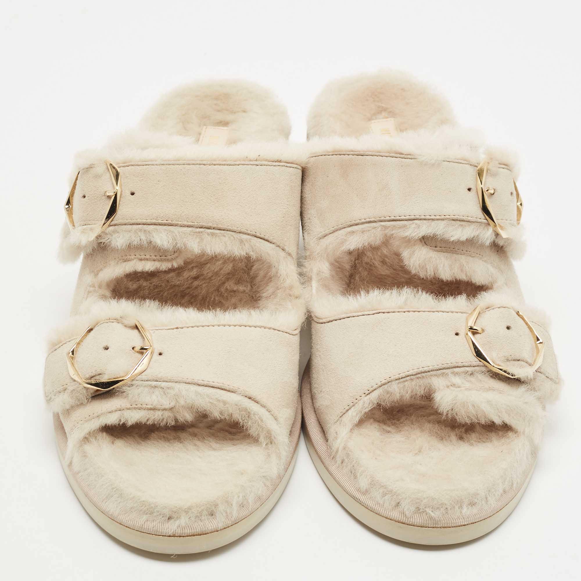 Nicholas Kirkwood Cream Suede And Fur Faux Pearl Buckle Detail Slide Sandals Size 41