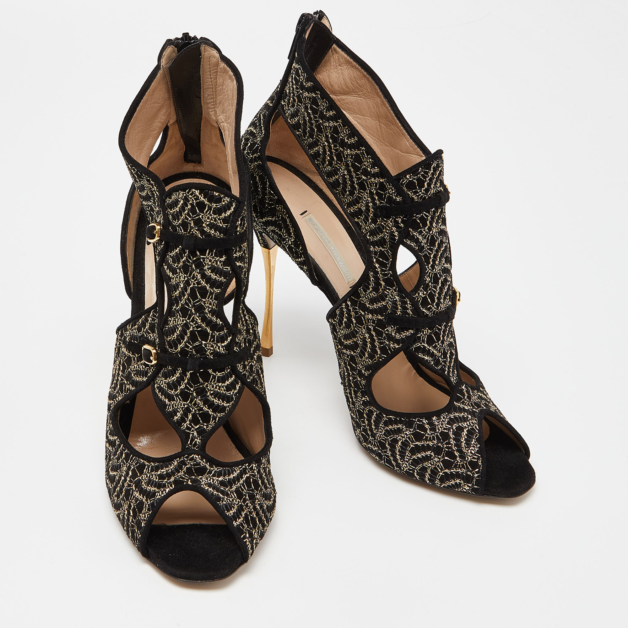 Nicholas Kirkwood Black/Gold Embroidered Suede Cut Out Sandals Size 41