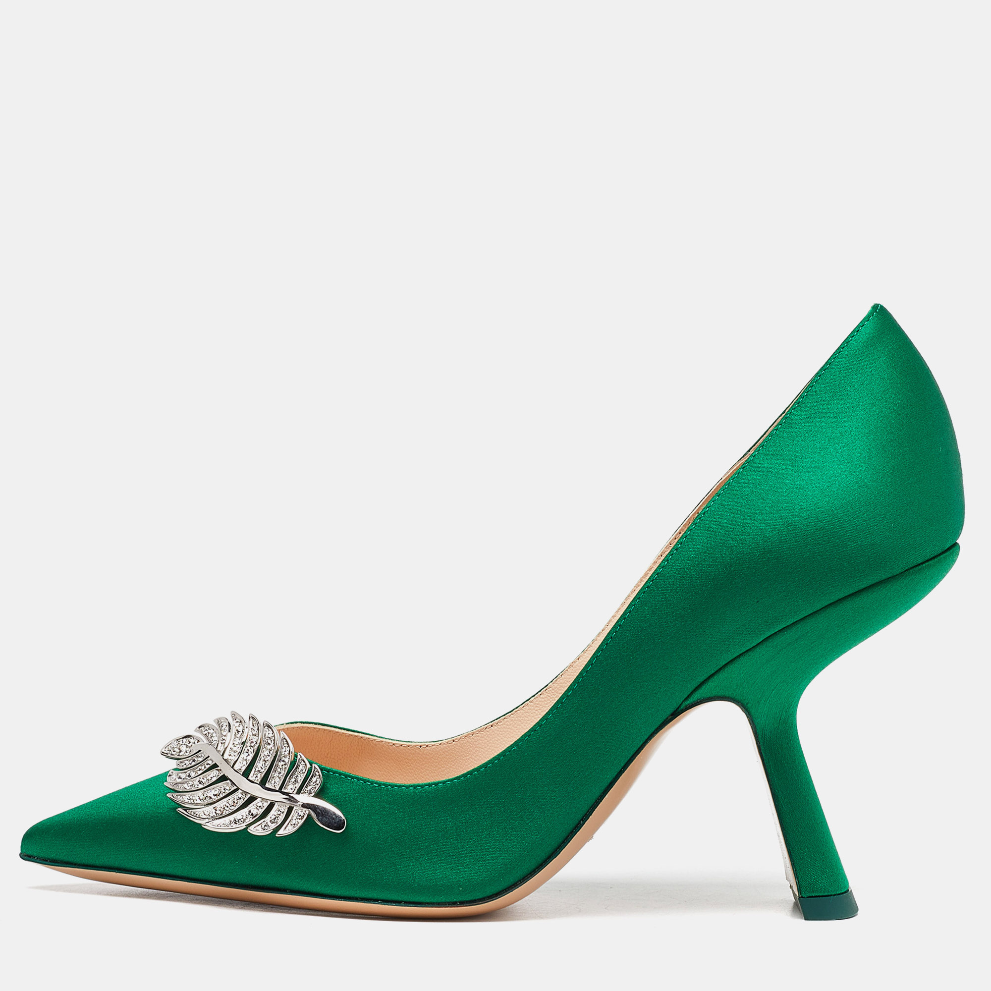 Nicholas kirkwood green satin crystal embellished pointed toe pumps size 38