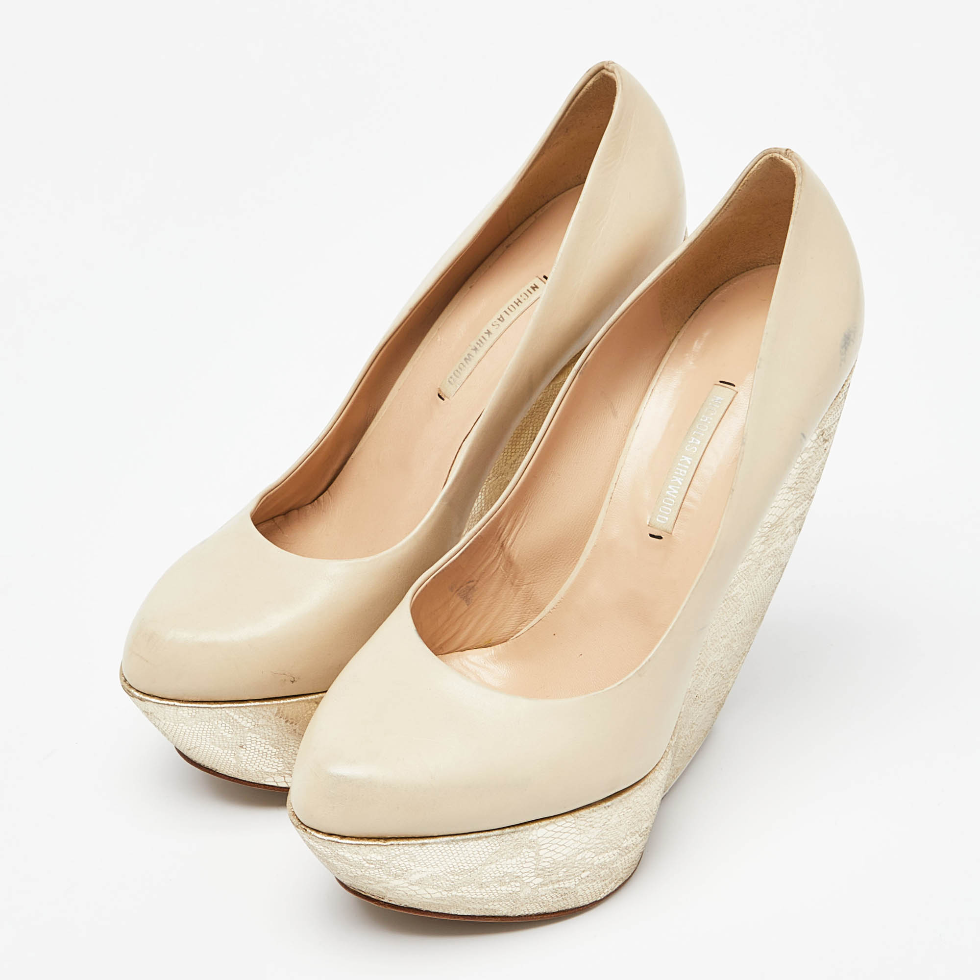 Nicholas Kirkwood Cream Leather Wedge Platform Pumps Size 39