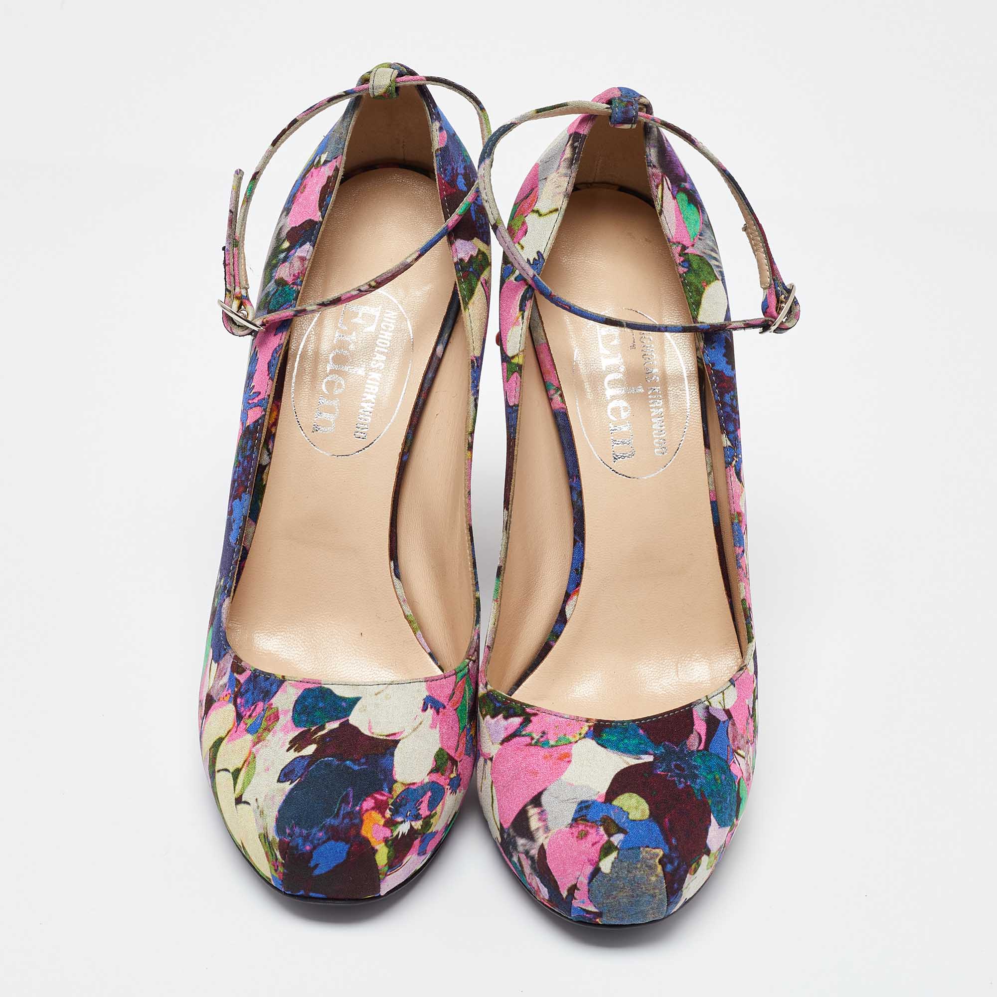 Nicholas Kirkwood Multicolor Printed Fabric Embellished Heel Ankle Strap Pumps Size 40