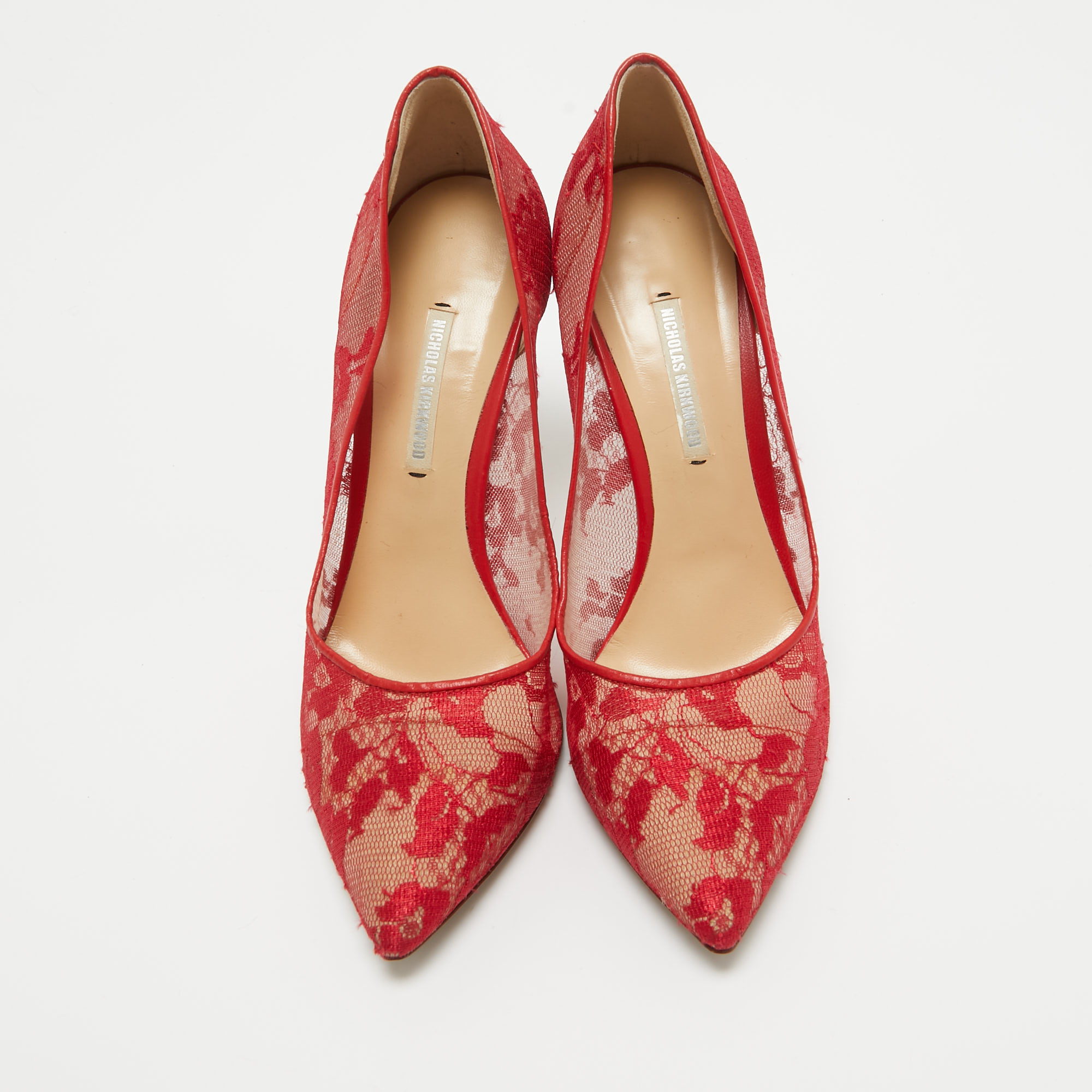 Nicholas Kirkwood Red Floral Lace Pointed Toe Pumps Size 38