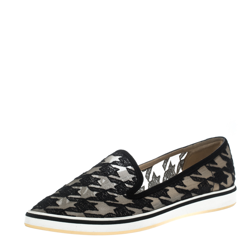 Image of Nicholas Kirkwood Black Mesh and Fabric Alona Hound's Tooth Emroidered Pointed Toe Loafers Size