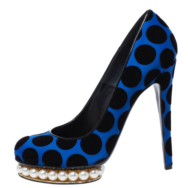 

Nicholas Kirkwood Blue/Black Polka Dot Casati Faux Pearl Platform Pumps Size