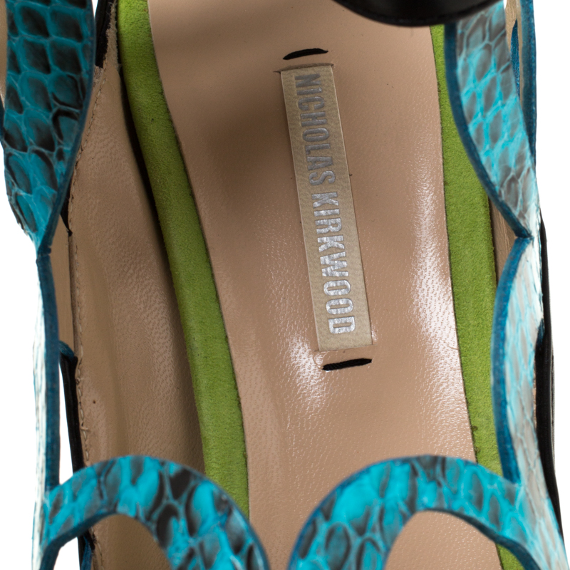 Nicholas Kirkwood Multicolor Laser Cut Python Embossed And Leather Mirror Block Heels Sandals Size 39