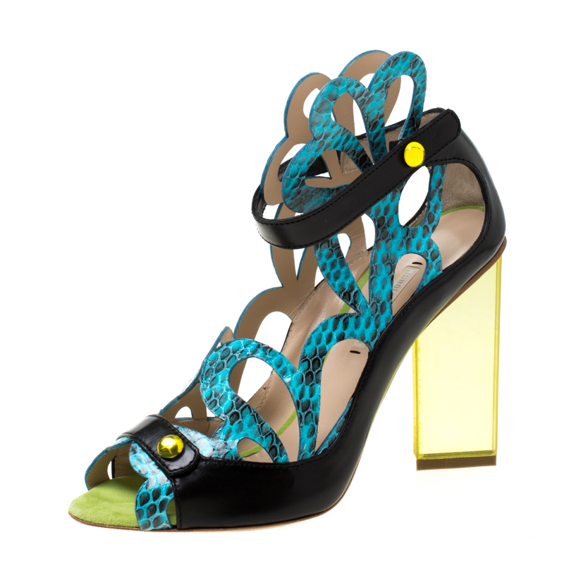 Nicholas kirkwood multicolor laser cut python embossed and leather mirror block heels sandals size 39