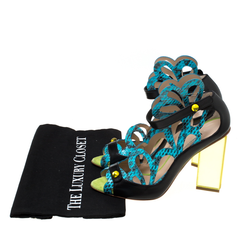 Nicholas Kirkwood Multicolor Laser Cut Python Embossed And Leather Mirror Block Heels Sandals Size 39