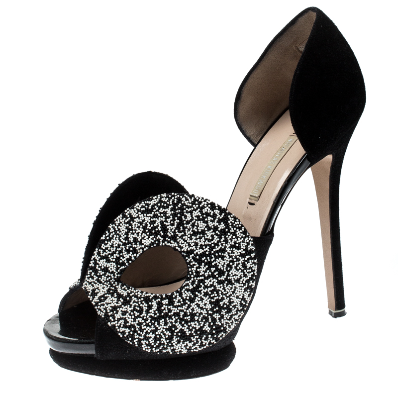 Image of Nicholas Kirkwood Monochrome Suede Cut Out Peep Toe Platform Sandals Size