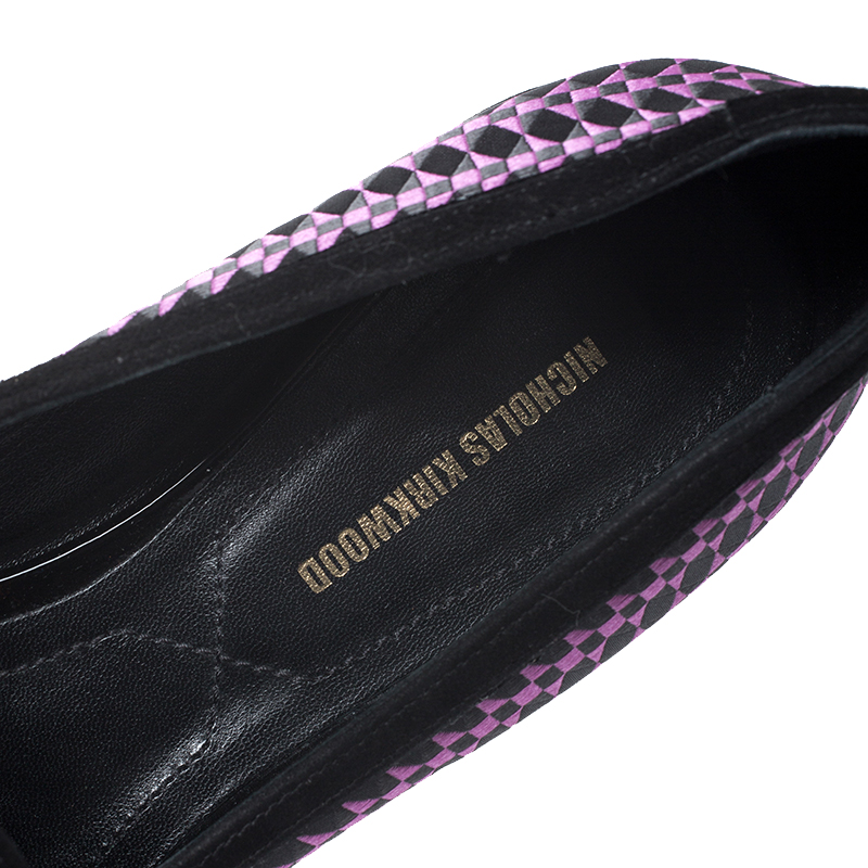 Nicholas Kirkwood Black/Purple Embroidered Satin And Suede Trim Alona Pointed Toe Loafers Size 38