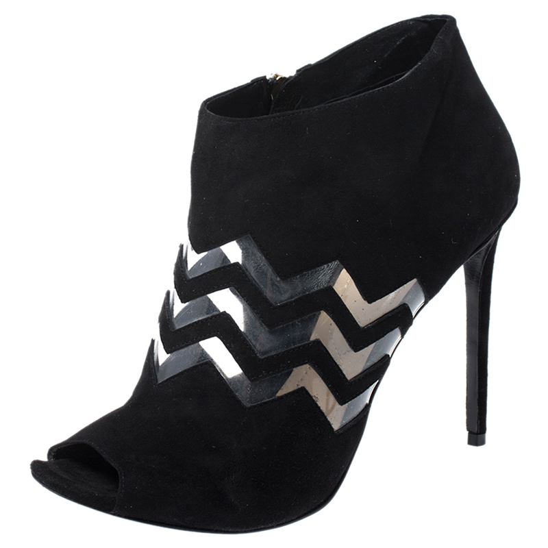 Nicholas kirkwood black suede and pvc chevron peep toe ankle booties size 40