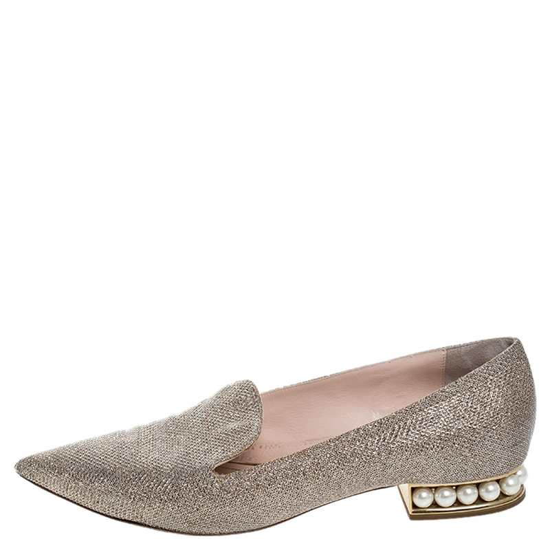 

Nicholas Kirkwood Gold Glitter Fabric Casati Faux Pearl Heel Pointed Toe Loafers Size
