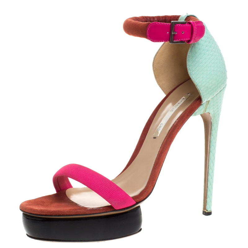 Image of Nicholas Kirkwood Multicolor Python Leather And Canvas Platform Ankle Strap Sandals Size .