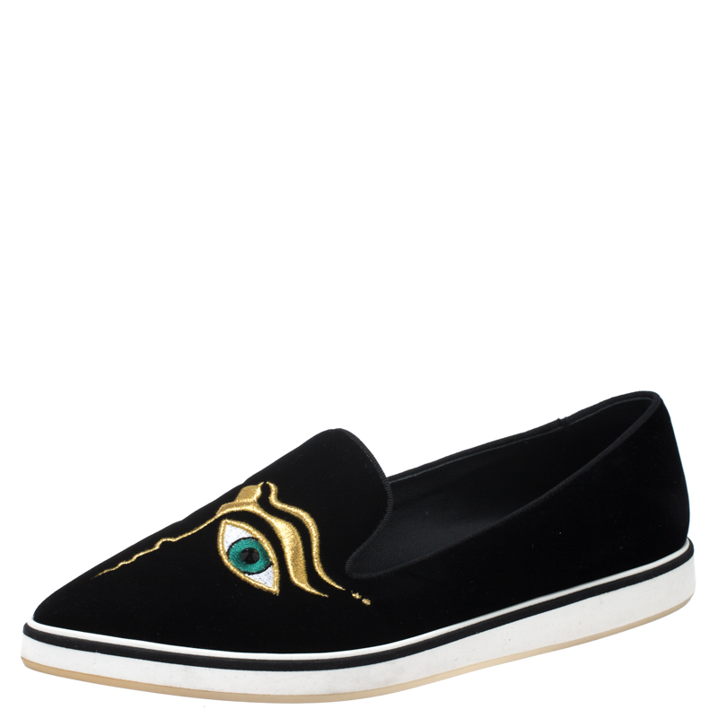 Image of Nicholas Kirkwood Black Velvet Eye Motif Iris Loafers Size