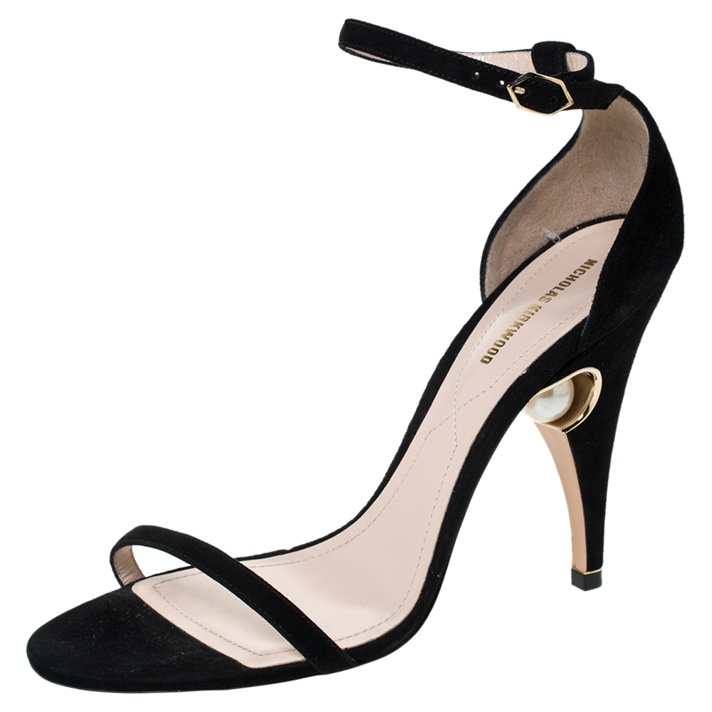 Image of Nicholas Kirkwood Black Suede Penelope Pearl Ankle Strap Sandals Size .