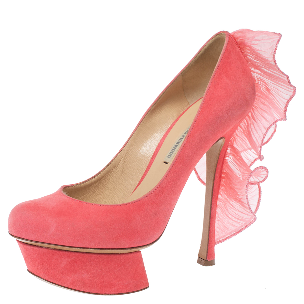 Nicholas kirkwood pink suede ruffle trimmed platform pumps size 36.5