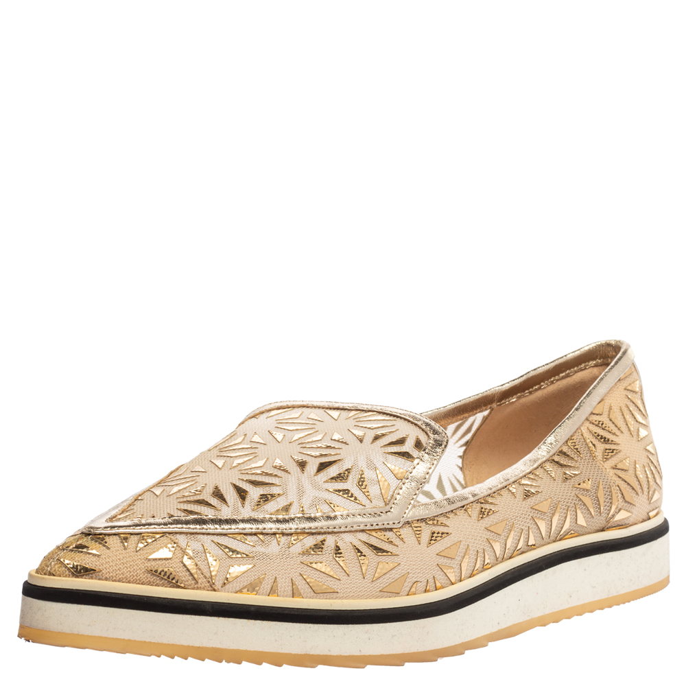 Image of Nicholas Kirkwood Gold Laser Cut Mesh and Leather Alona Pointed Toe Loafers Size .