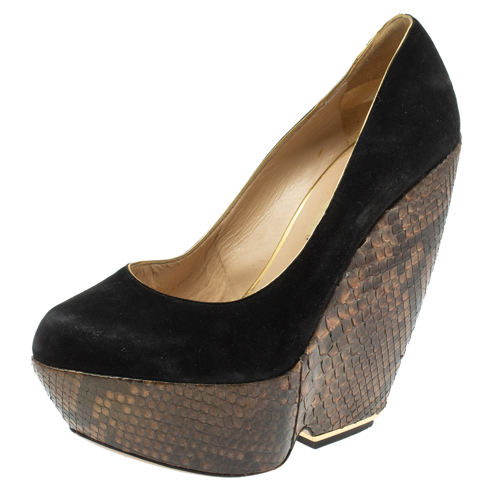 Nicholas Kirkwood Black Suede And Python Leather Wedge Platform Pumps Size 39.5