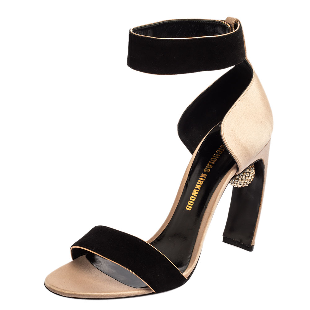 Image of Nicholas Kirkwood Black/Beige Satin And Suede Crystal Embellished Ankle Strap Sandals Size