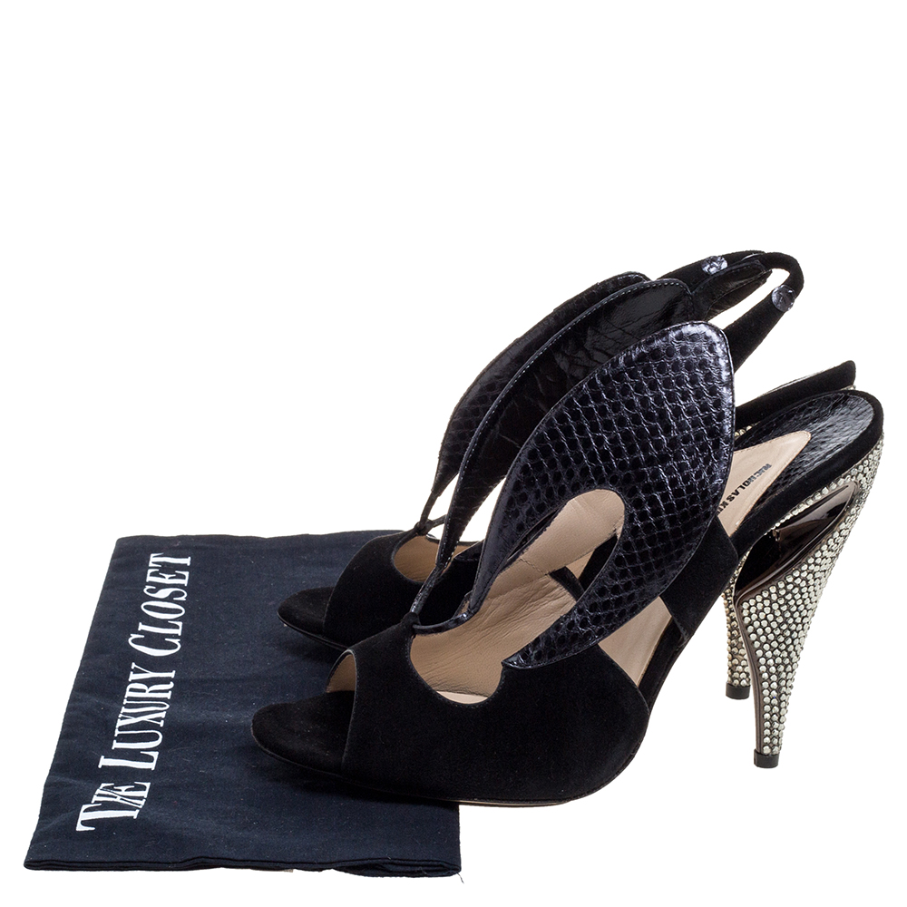 Nicholas Kirkwood Black Suede And Python Embossed Leather Cutout Slingback Sandals Size 39.5
