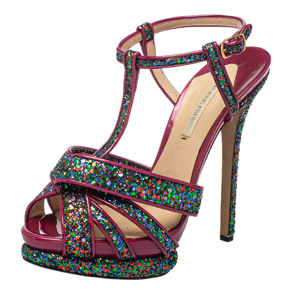Nicholas kirkwood pink patent leather and glitter t strap platform sandals size 39