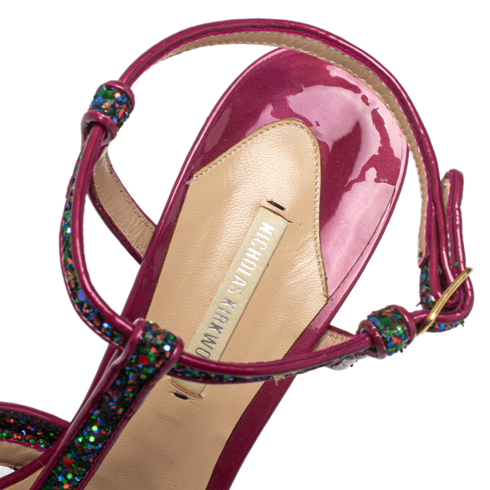 Nicholas Kirkwood Pink Patent Leather And Glitter T Strap Platform Sandals Size 39