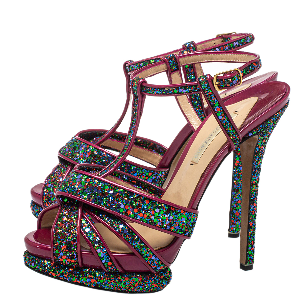 Nicholas Kirkwood Pink Patent Leather And Glitter T Strap Platform Sandals Size 39