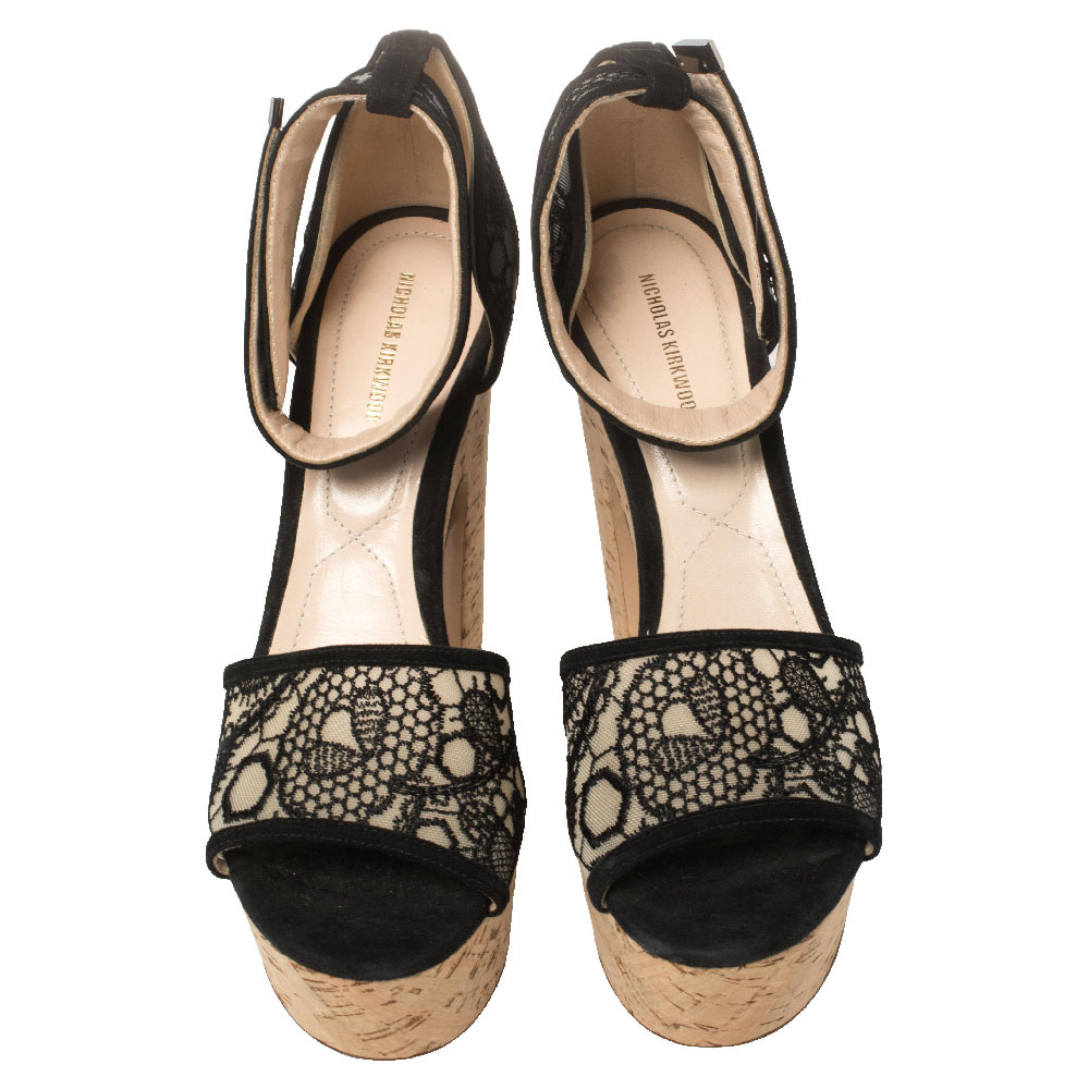 Nicholas Kirkwood Black Lace Maya Pearl Platform Ankle Strap Sandals Size 40