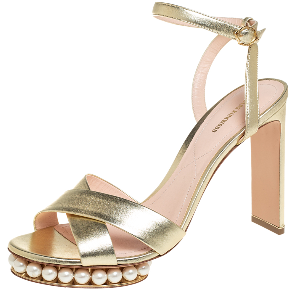 Nicholas Kirkwood Gold Leather Pearl Embellished Platform Ankle Strap Sandals Size 42