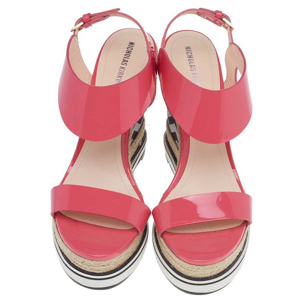 Nicholas Kirkwood Pink Patent Leather Wedge Espadrille Ankle Strap Sandals Size 39