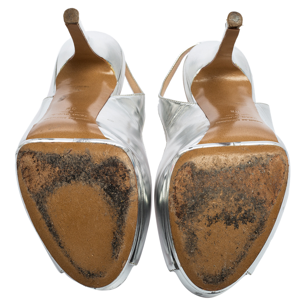 Nicholas Kirkwood Silver Glossy Leather Peep Toe Slingback Sandals Size 38