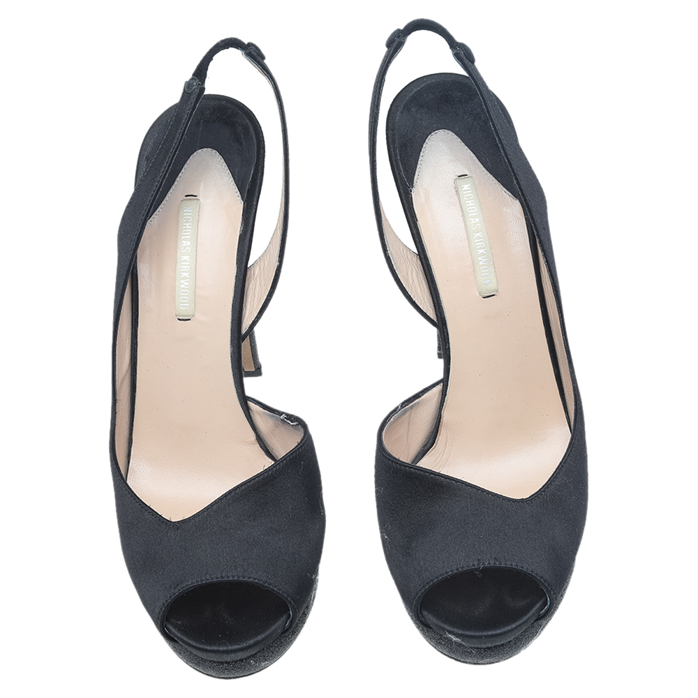 Nicholas Kirkwood Black Satin Platform Slingback Sandals Size 39.5