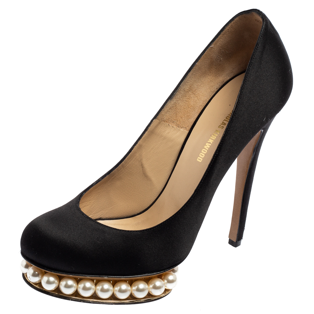 Nicholas kirkwood black satin casati faux pearl platform pumps size 38