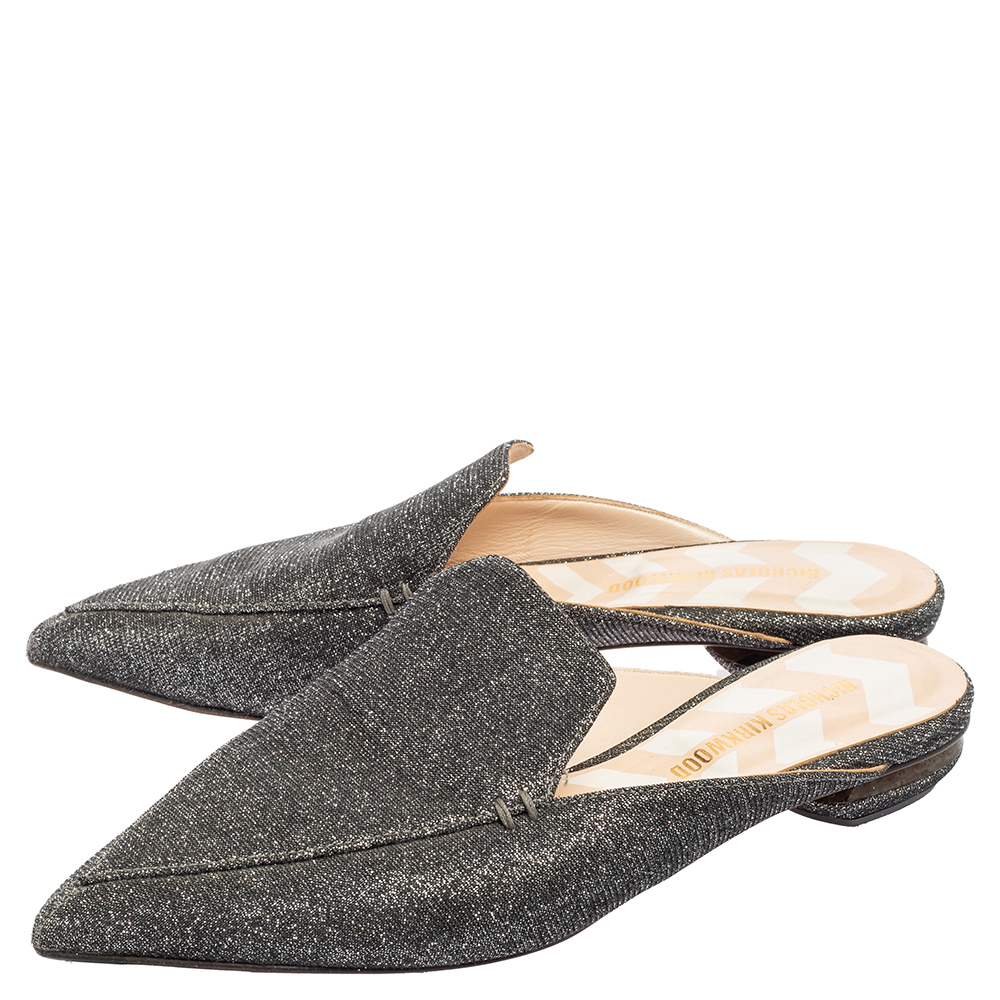Nicholas Kirkwood Grey Glitter Fabric Beya Flat Pointed-Toe Mules Size 37