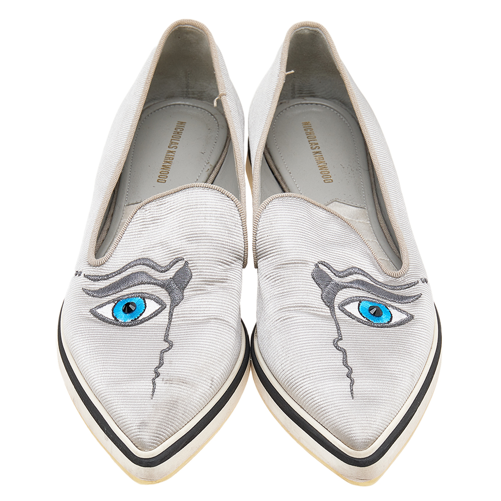 Nicholas Kirkwood Silver Fabric Eye Motif Iris Slip On Loafers Size 37.5