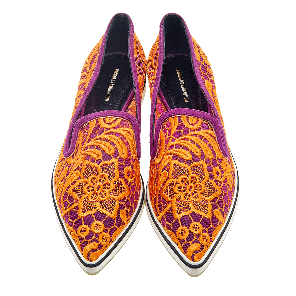 Nicholas Kirkwood Orange/Purple Lace And Suede Pointed Toe Slip On Loafers Size 41