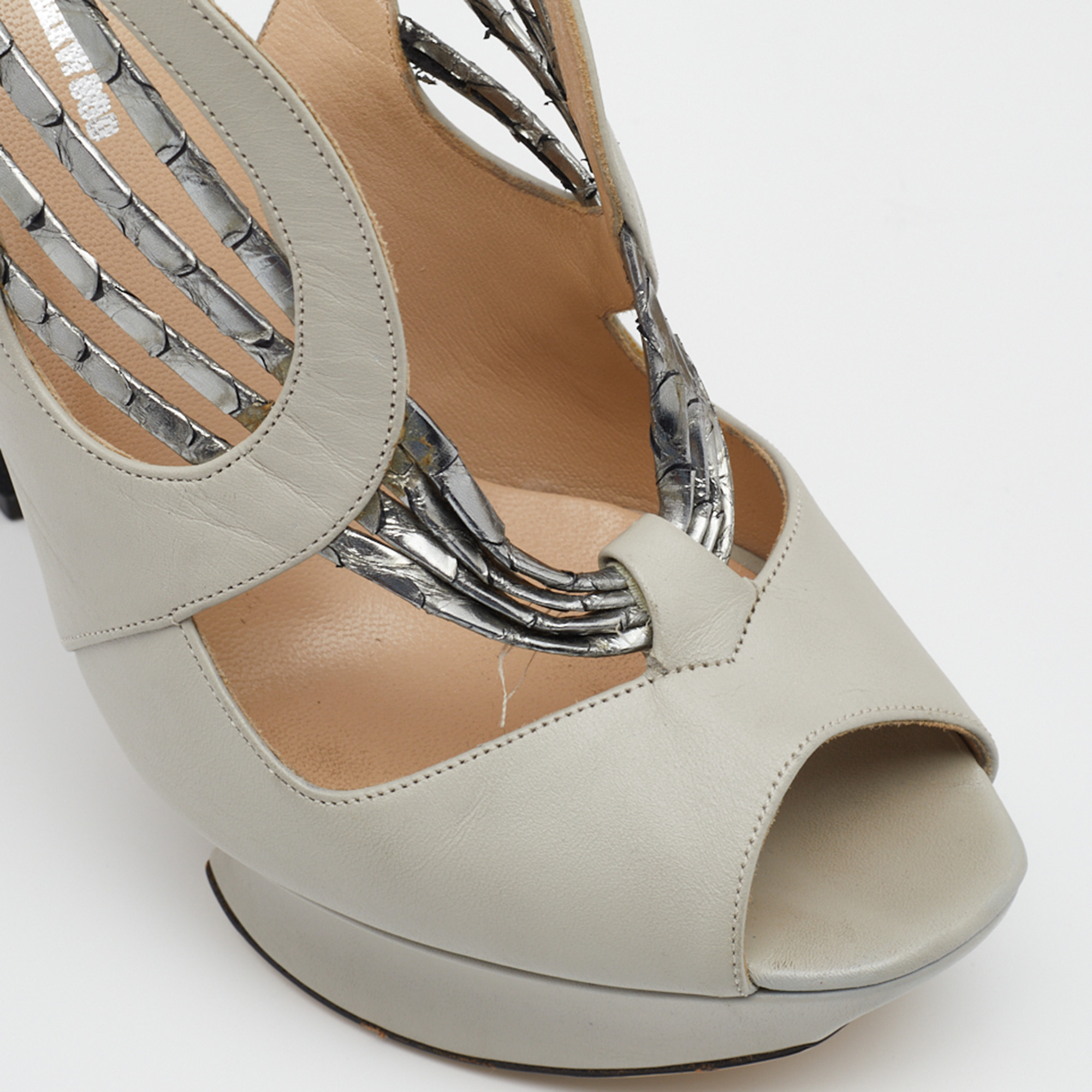 Nicholas Kirkwood Grey/Silver Python And Leather Platform Slingback Sandals Size 37.5