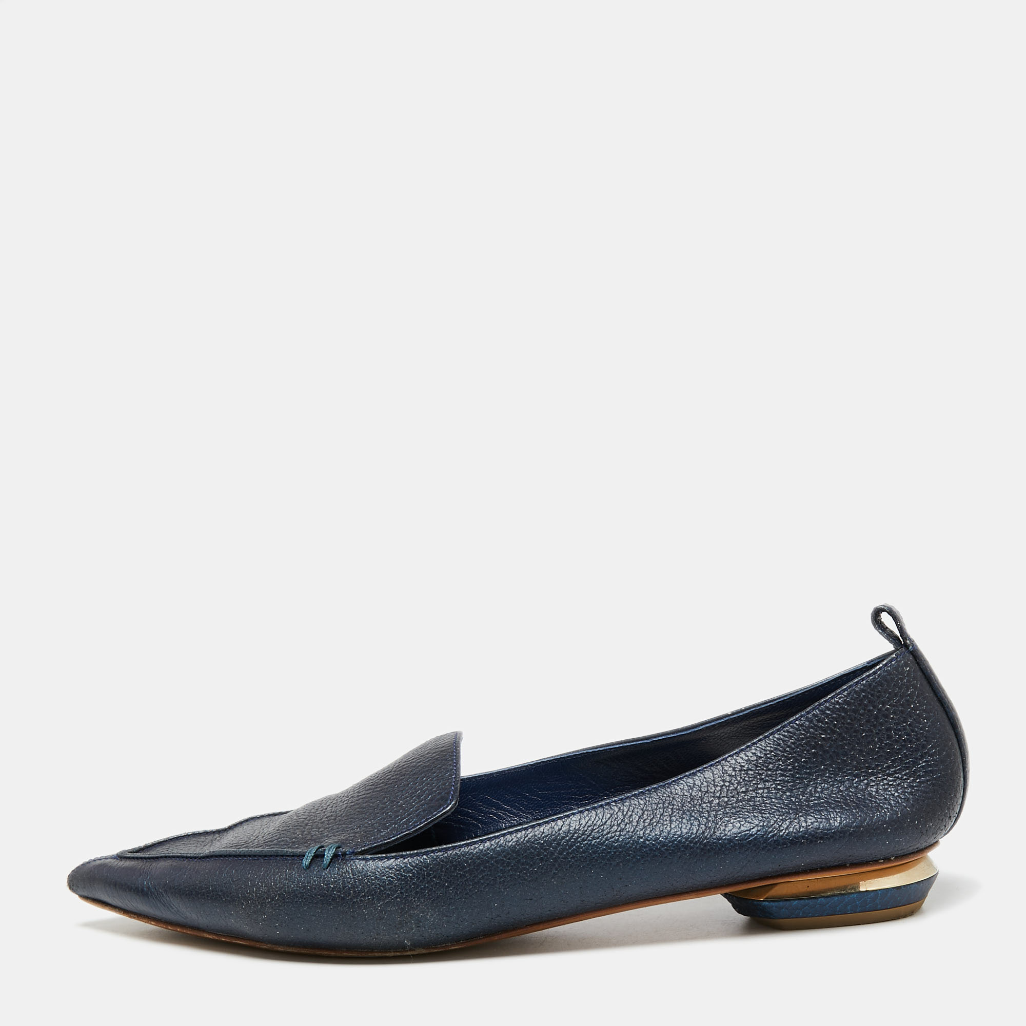 Nicholas kirkwood navy blue leather beya pointed-toe loafers size 41