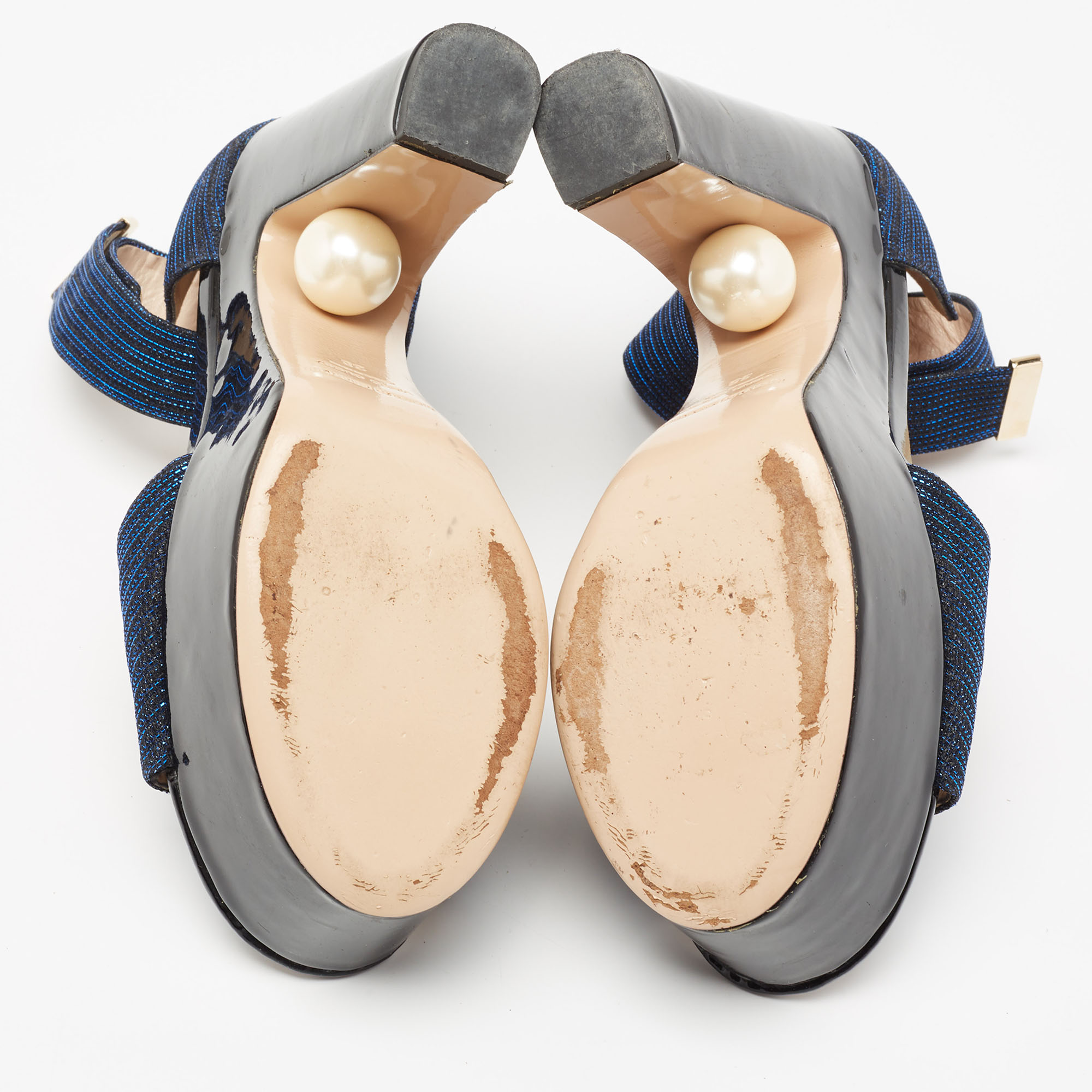 Nicholas Kirkwood Metallic Blue Fabric Maya Pearl Platform Ankle Strap Sandals Size 38