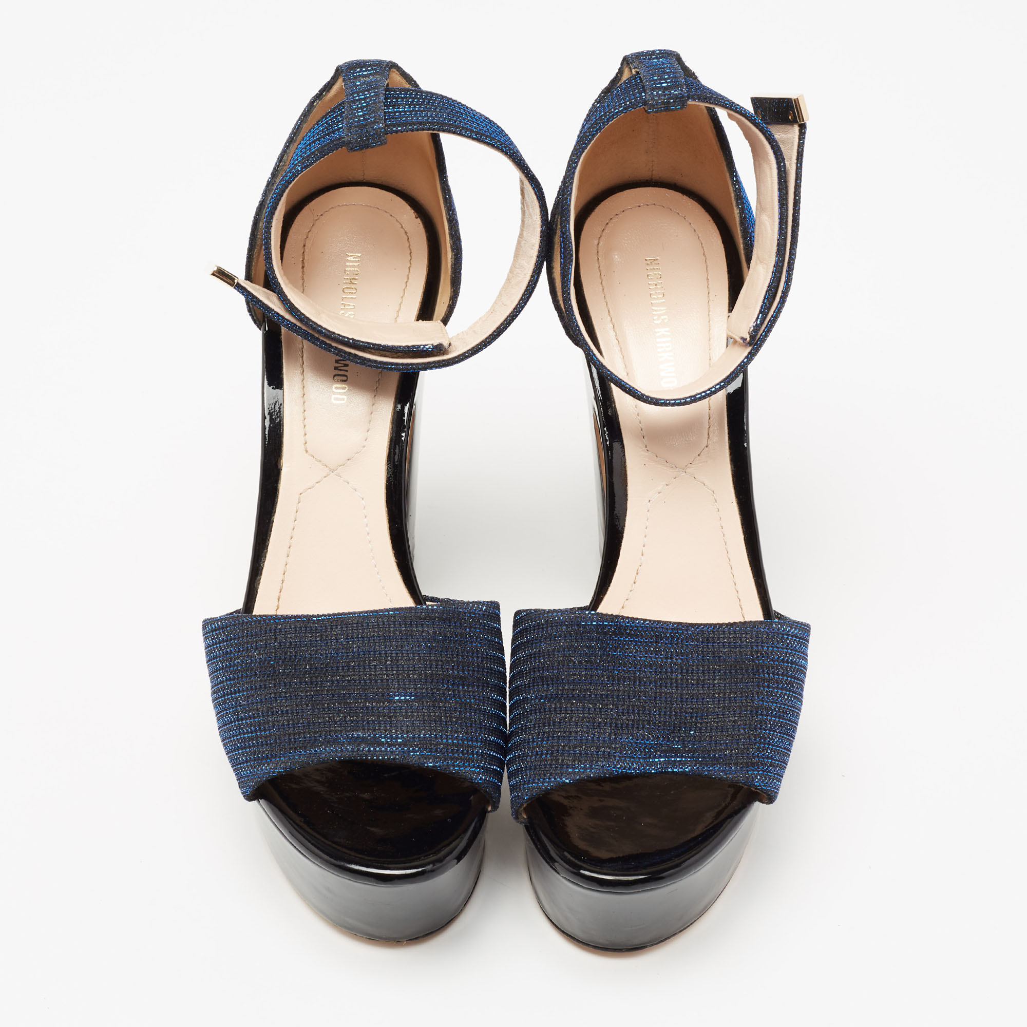 Nicholas Kirkwood Metallic Blue Fabric Maya Pearl Platform Ankle Strap Sandals Size 38