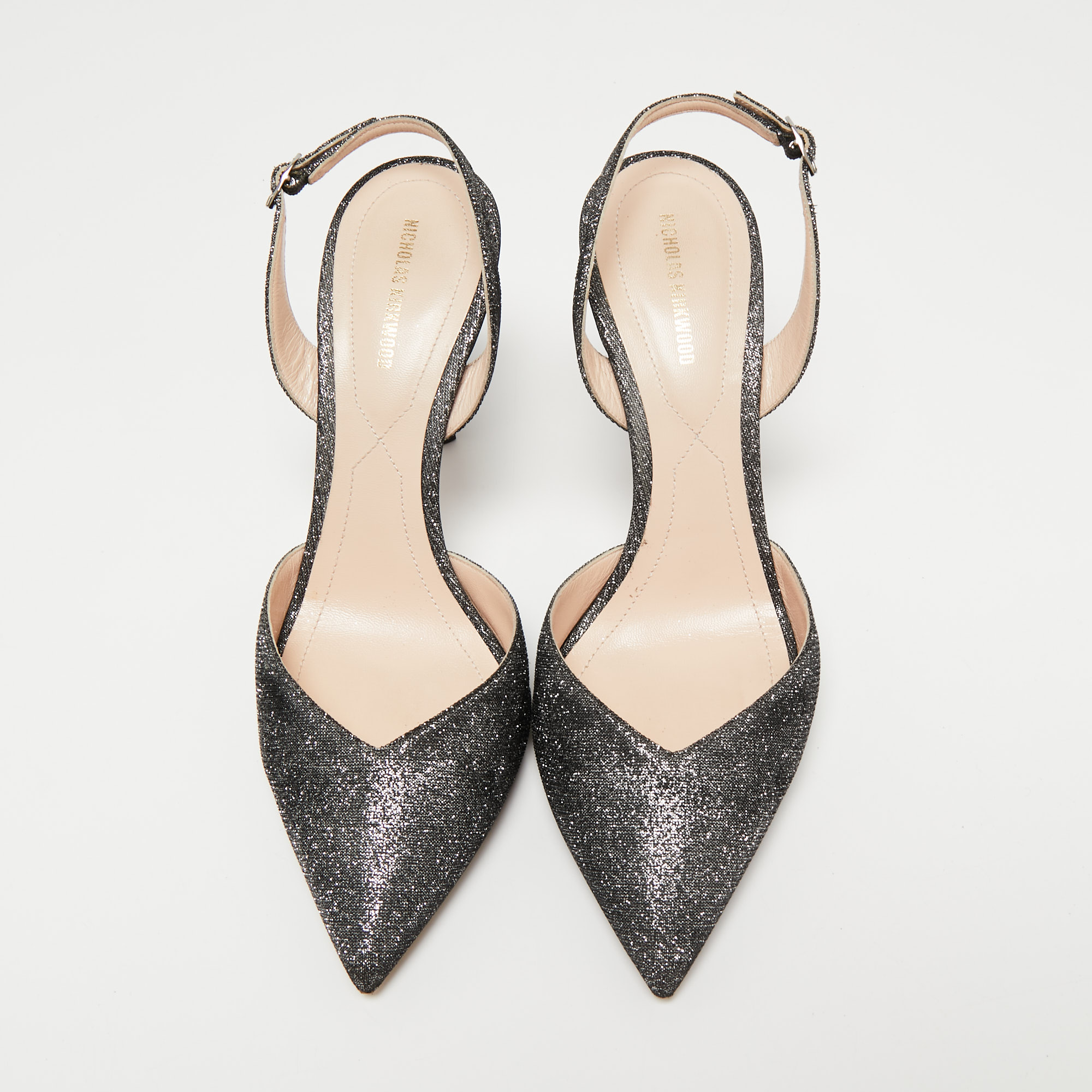 Nicholas Kirkwood Metallic Silver/Black Glitter Fabric Pearl Embellished Slingback Sandals Size 40