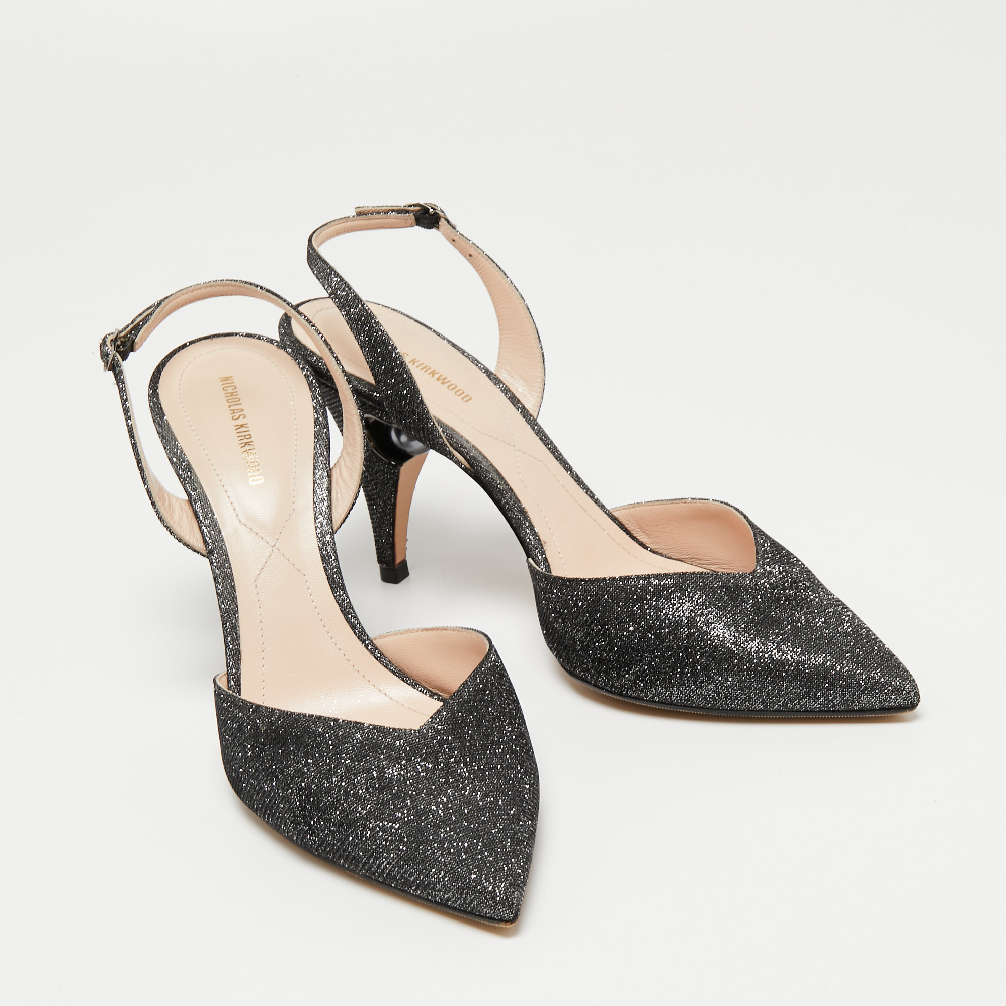 Nicholas Kirkwood Metallic Silver/Black Glitter Fabric Pearl Embellished Slingback Sandals Size 40