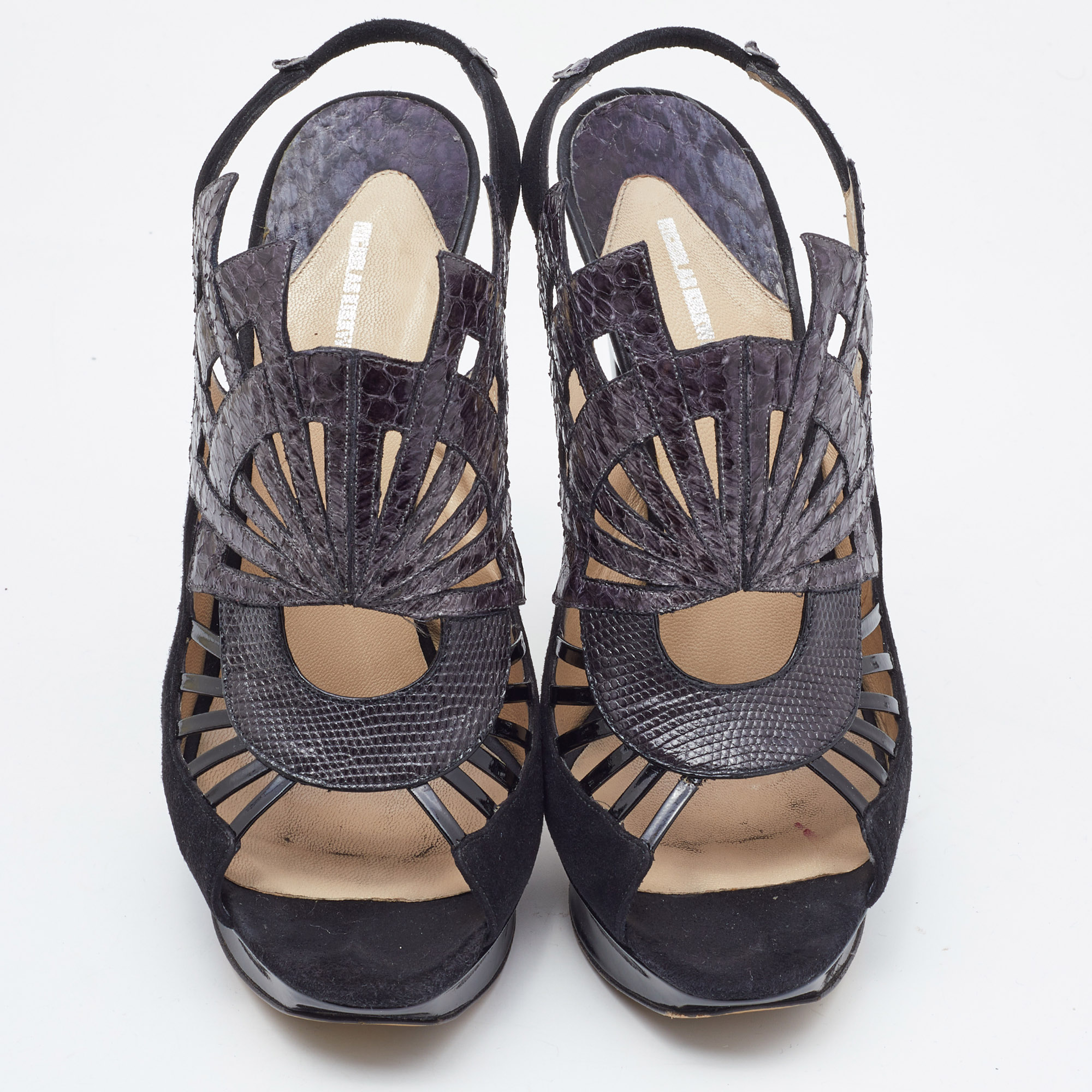 Nicholas Kirkwood Black Watersnake Leather And Suede Slingback Sandals Size 39