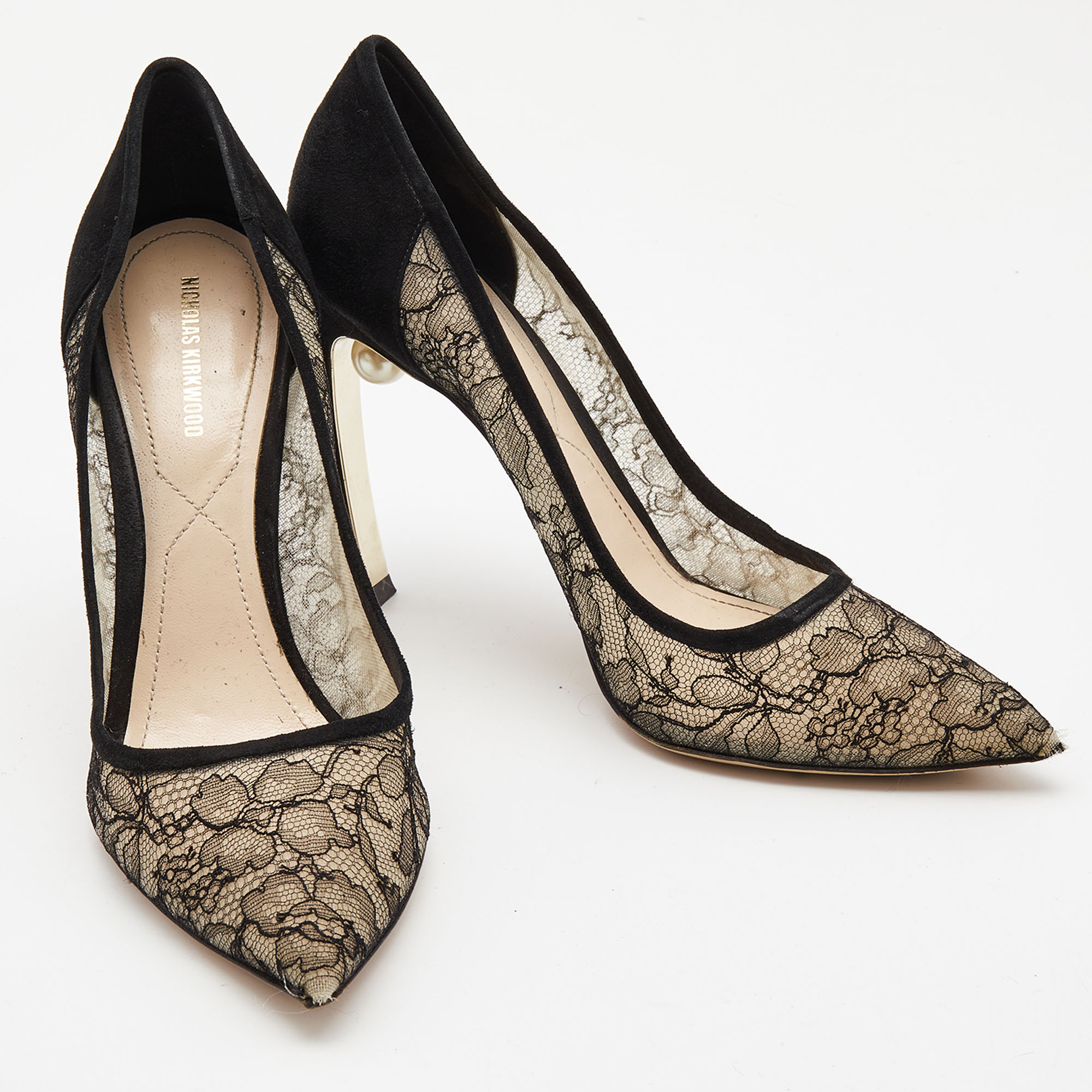 Nicholas Kirkwood Black Suede And Lace Mira Pearl Pumps Size 40