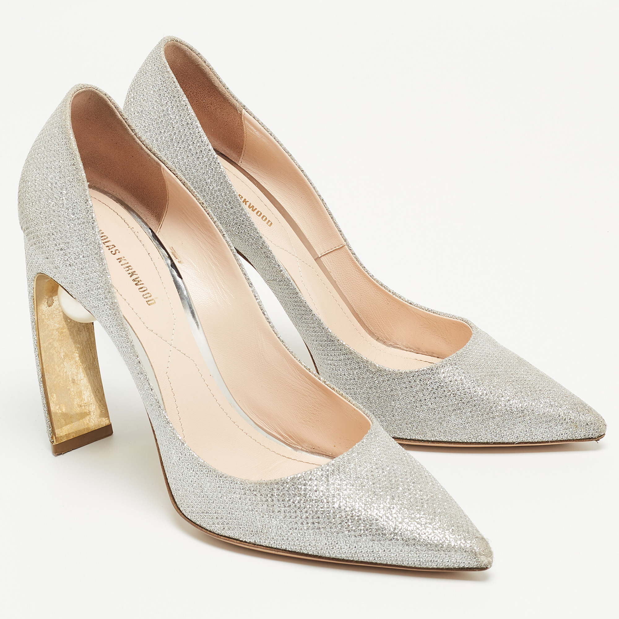 Nicholas Kirkwood Silver Glitter Lace Pearl Embellished Pointed Toe Pumps Size 40