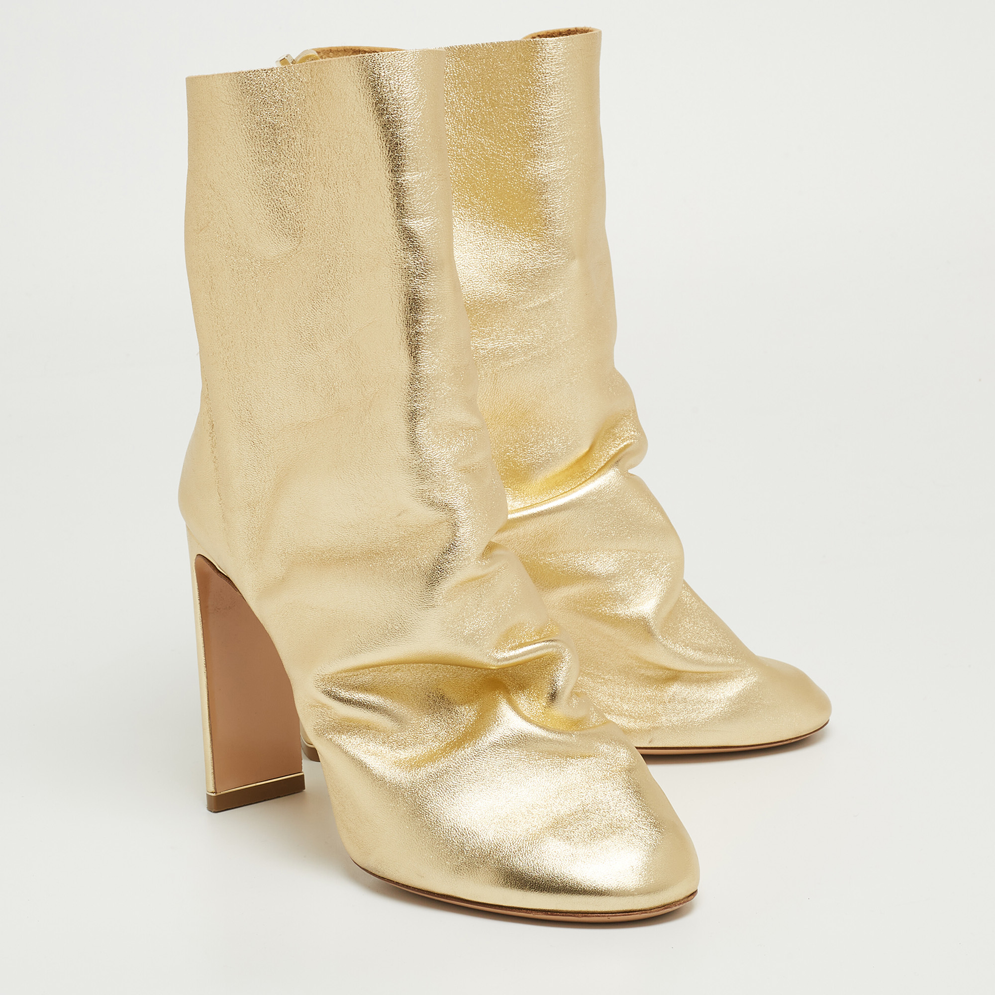 Nicholas Kirkwood Metallic Gold Foil Leather D'arcy Ruched Ankle Booties Size 38.5