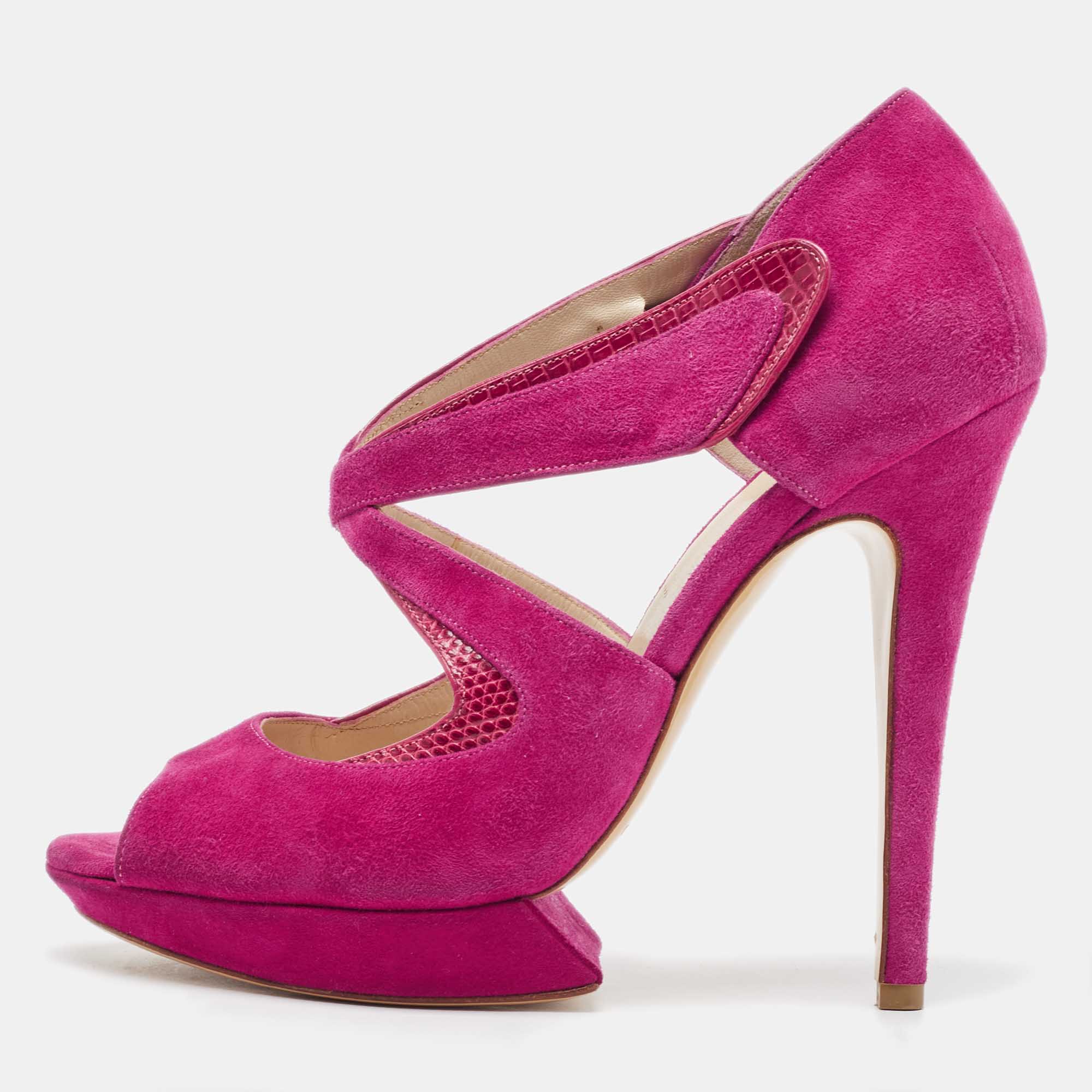 Nicholas kirkwood pink suede and lizard embossed platform sandals size 39