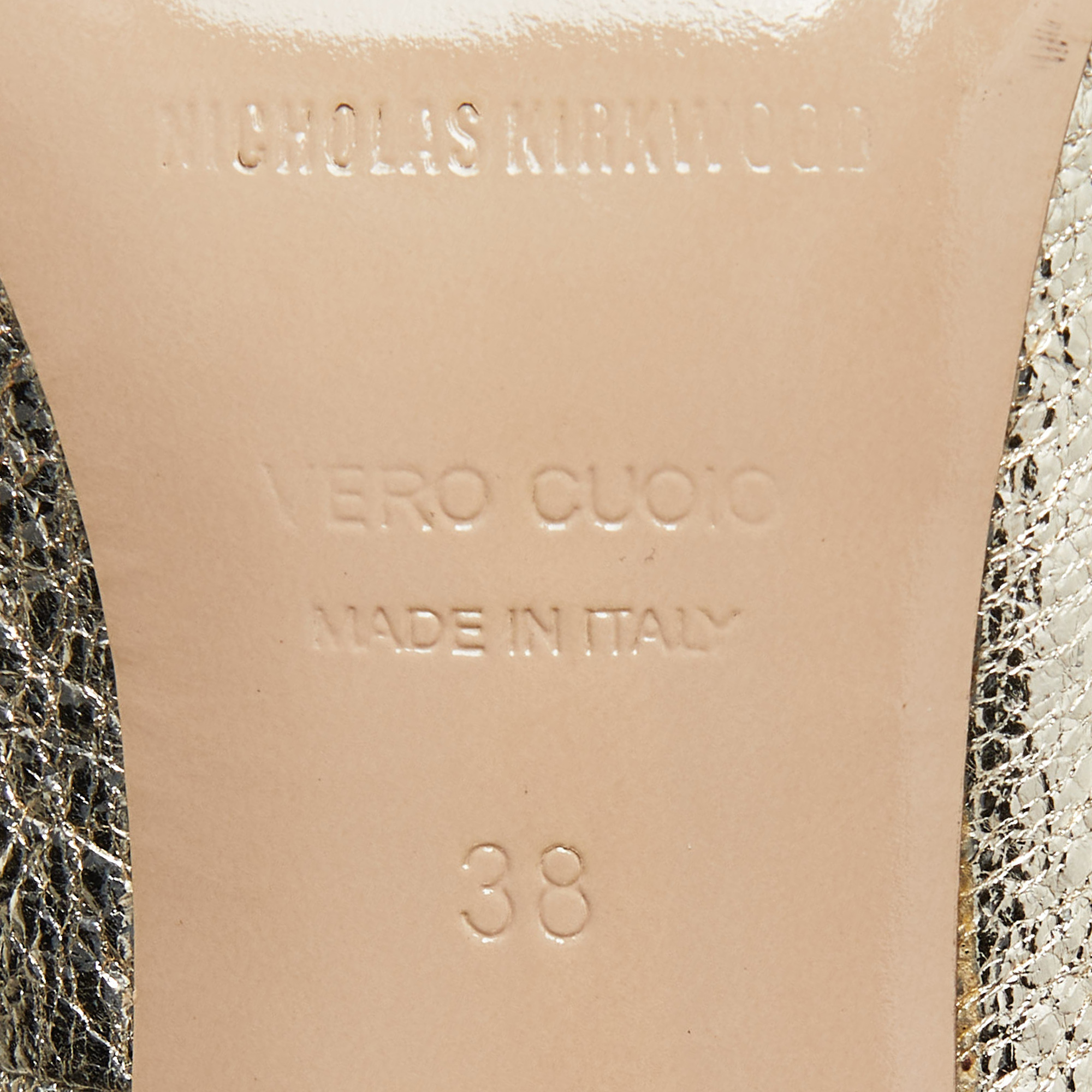 Nicholas Kirkwood Metallic Gold Foil Leather Pearl Embellished Pointed Toe Pumps Size 38