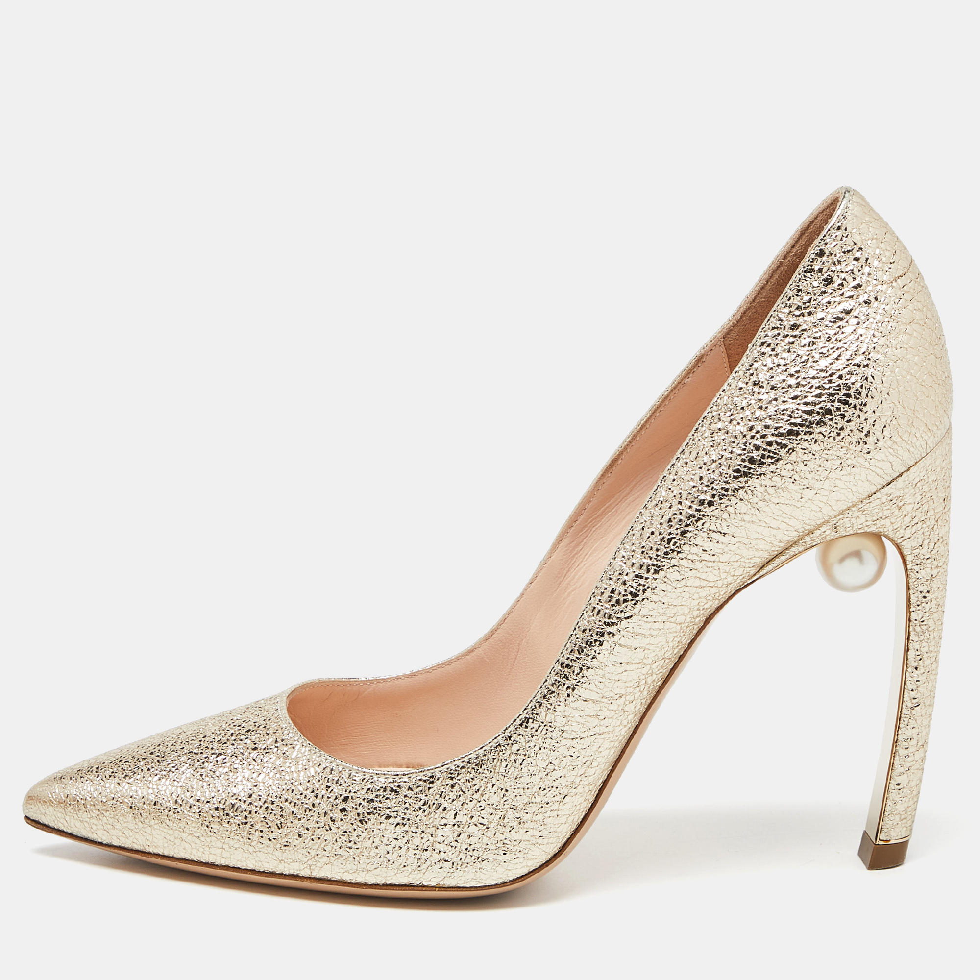 Nicholas kirkwood metallic gold foil leather pearl embellished pointed toe pumps size 38