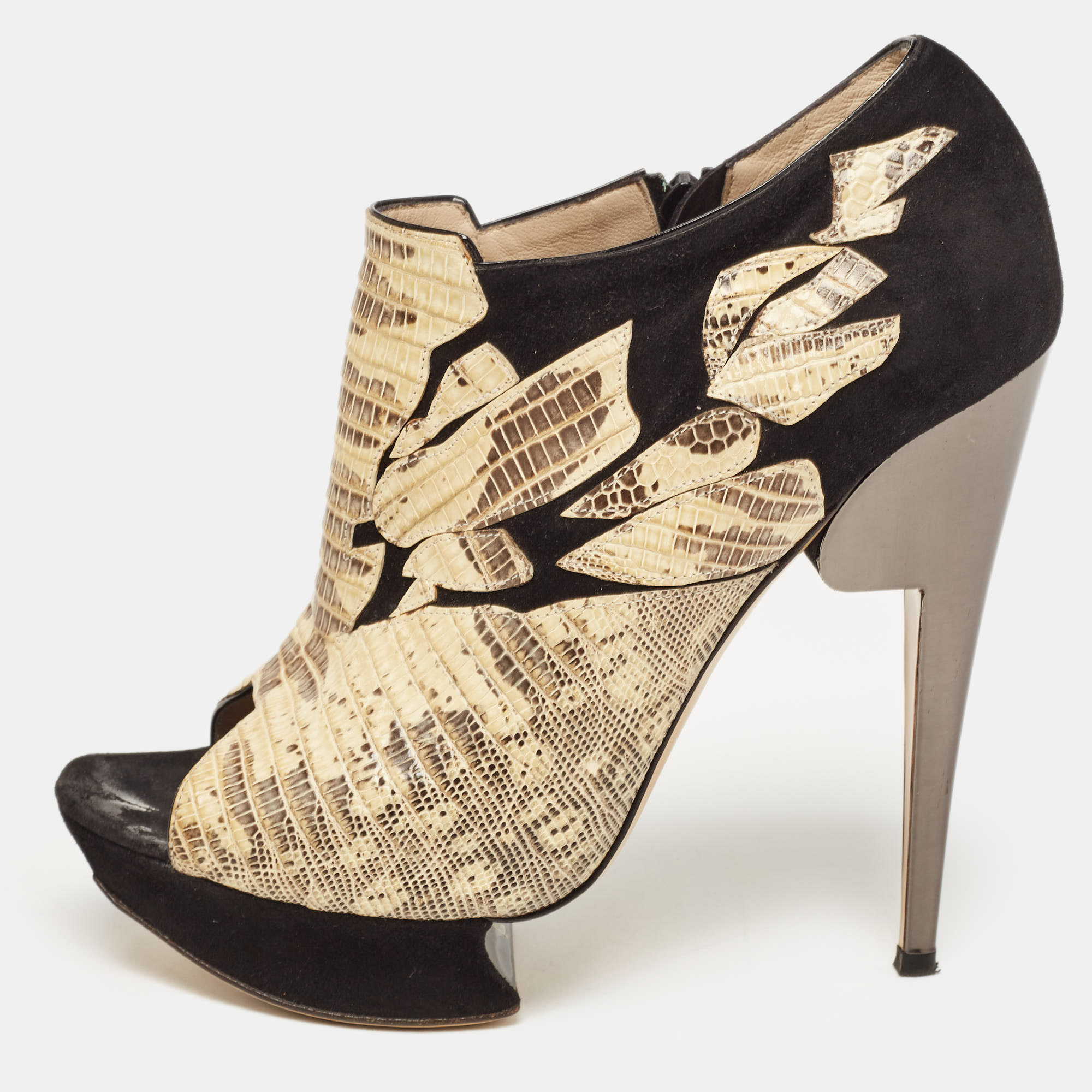 Nicholas kirkwood black/yellow suede and embossed lizard open toe platform booties size 40.5